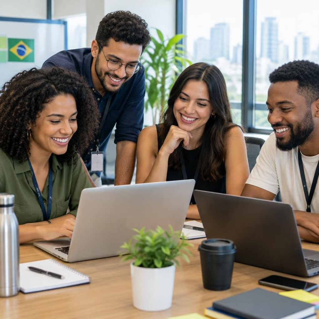 Team of people collaborating around laptops in an office